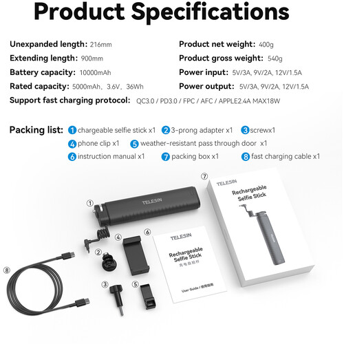 Telesin Power Grip Selfie Stick 10000mAh 7
